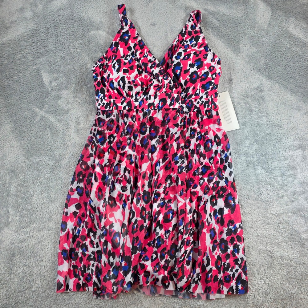 BloomChic Leopard Print Mesh Overlay Swim Dress Pink US 12 Women Swimsuit
